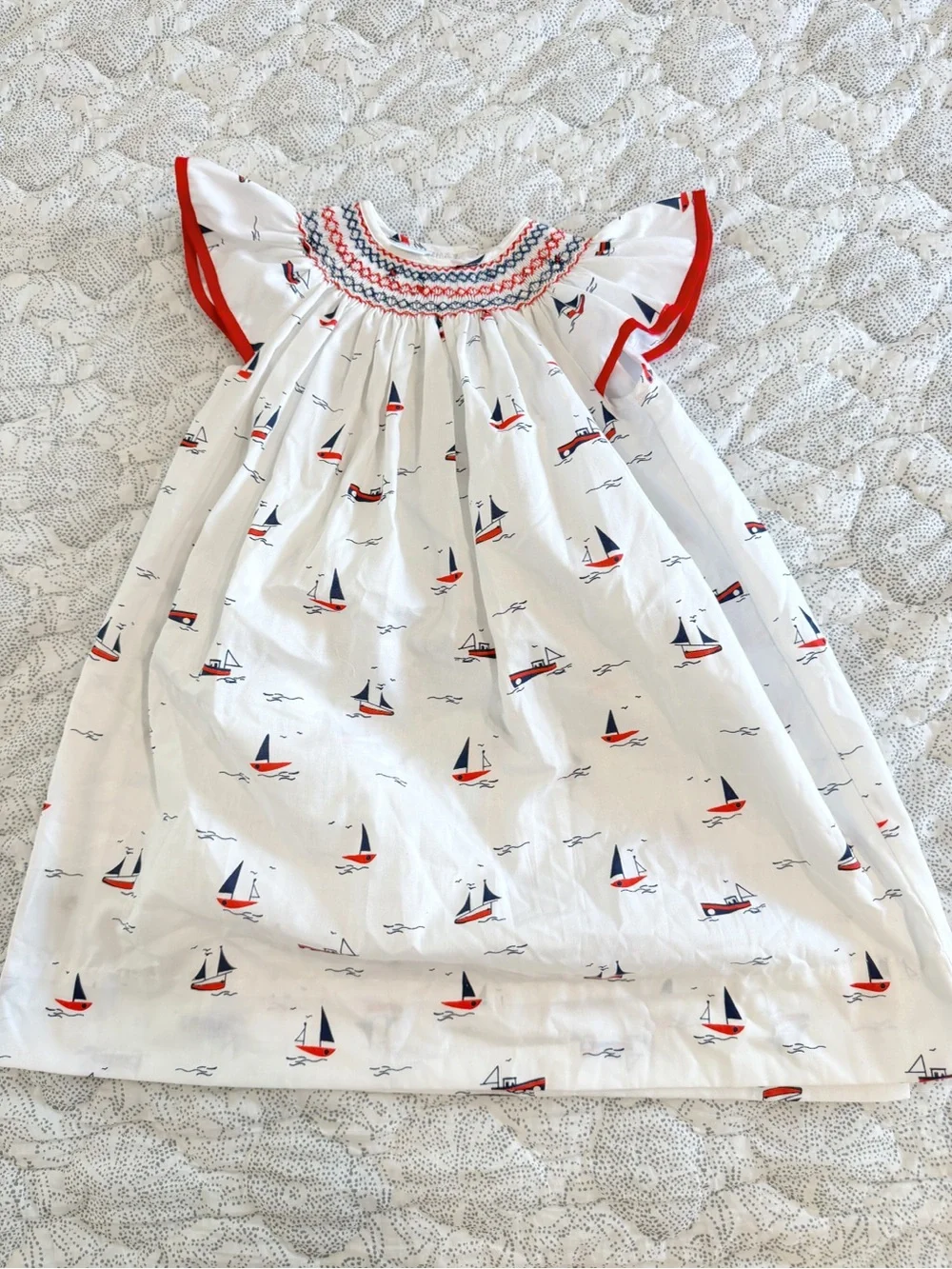 Edgehill Collection White Dress with Navy and Red Sailboat Print